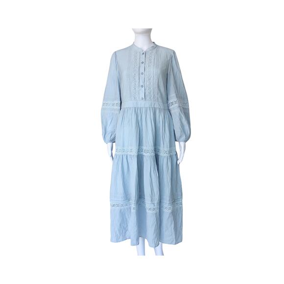 Eloise Cutwork Embroidery Long Puff‑Sleeve Dress - Dusty Blue - M - Picture 2 of 3